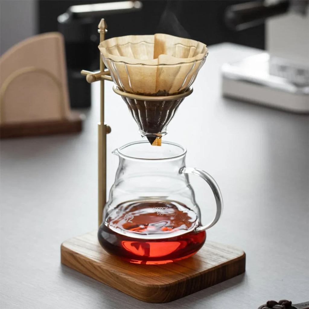 Pour Over Stand Coffee Station, Pure Copper Pour Over Dripper Height Adjustable Coffee Filter Stand with Walnut Wooden Base